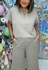 New Textured Loose Zip Top and Drawstring Pants Casual Set