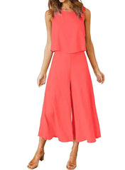Women's Sleeveless Tank Crop Top Wide Leg Flowy Pants Set