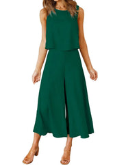 Women's Sleeveless Tank Crop Top Wide Leg Flowy Pants Set