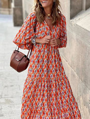 Women's Puff Sleeve Floral Boho Maxi Dress