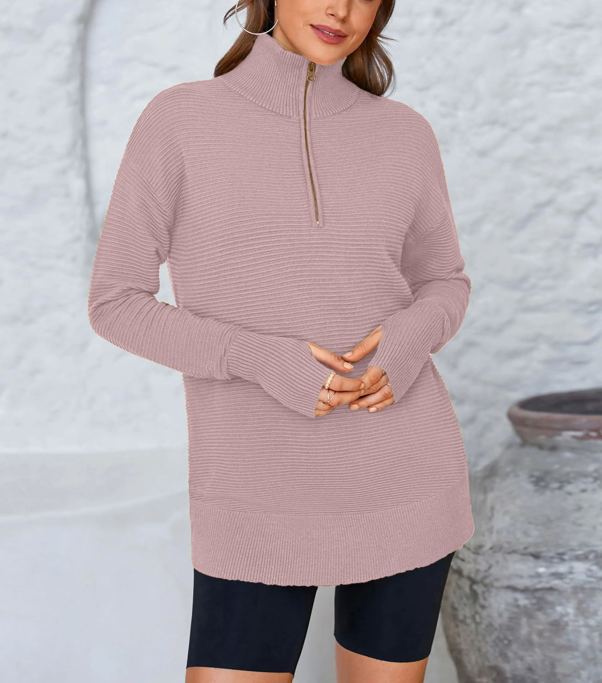 Women's Half Zip Oversized Ribbed Knit Pullover Sweater (Buy  2 Free Shipping )