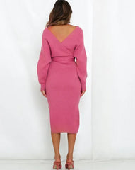 Women's Wrap V Neck Slit Sweater Dresses