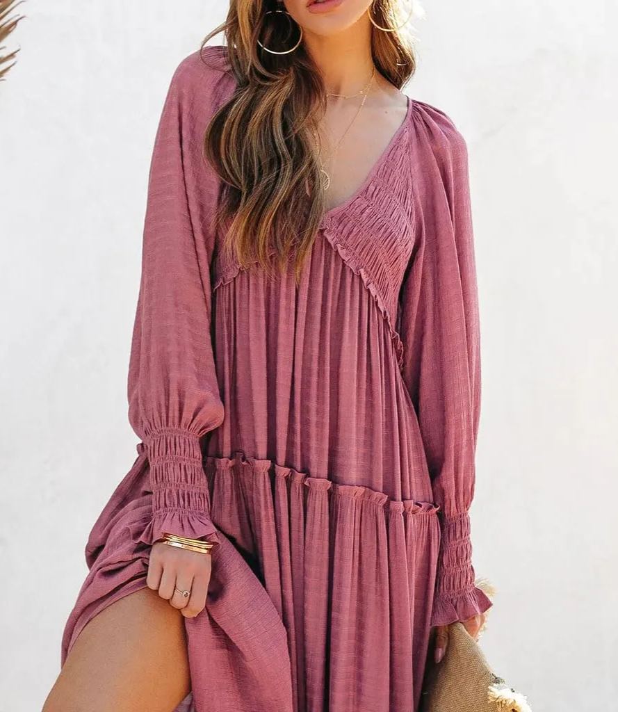 Women's Long Sleeve V Neck Boho Flowy Maxi Dresses
