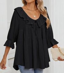 Women's 3/4 Sleeve Tie-Front Ruffled Babydoll Blouse