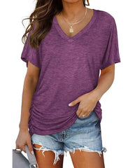 Women's Loose Fit Short Sleeve V Neck Shirts with Side Shirring