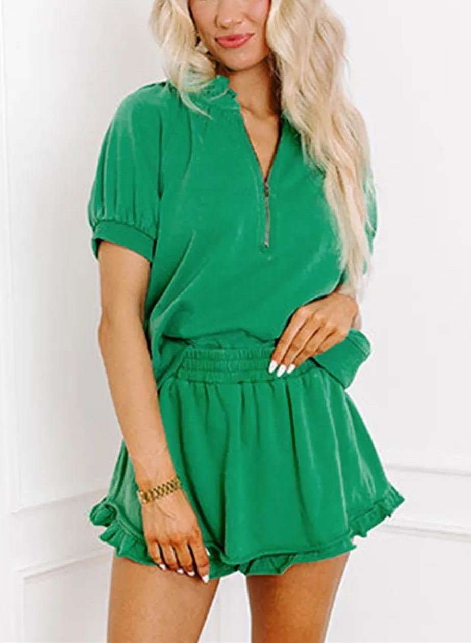 Women's Casual Half-zip Top and Ruffle Shorts Set