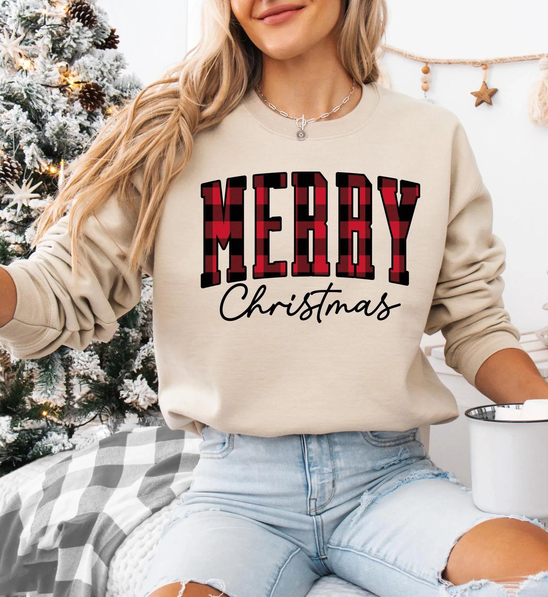 "Merry Christmas" Plaid Graphic Sweatshirt