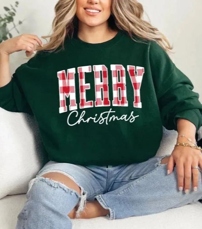 "Merry Christmas" Plaid Graphic Sweatshirt