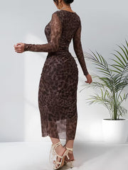 Women's Leopard Print Mesh Midi Dress