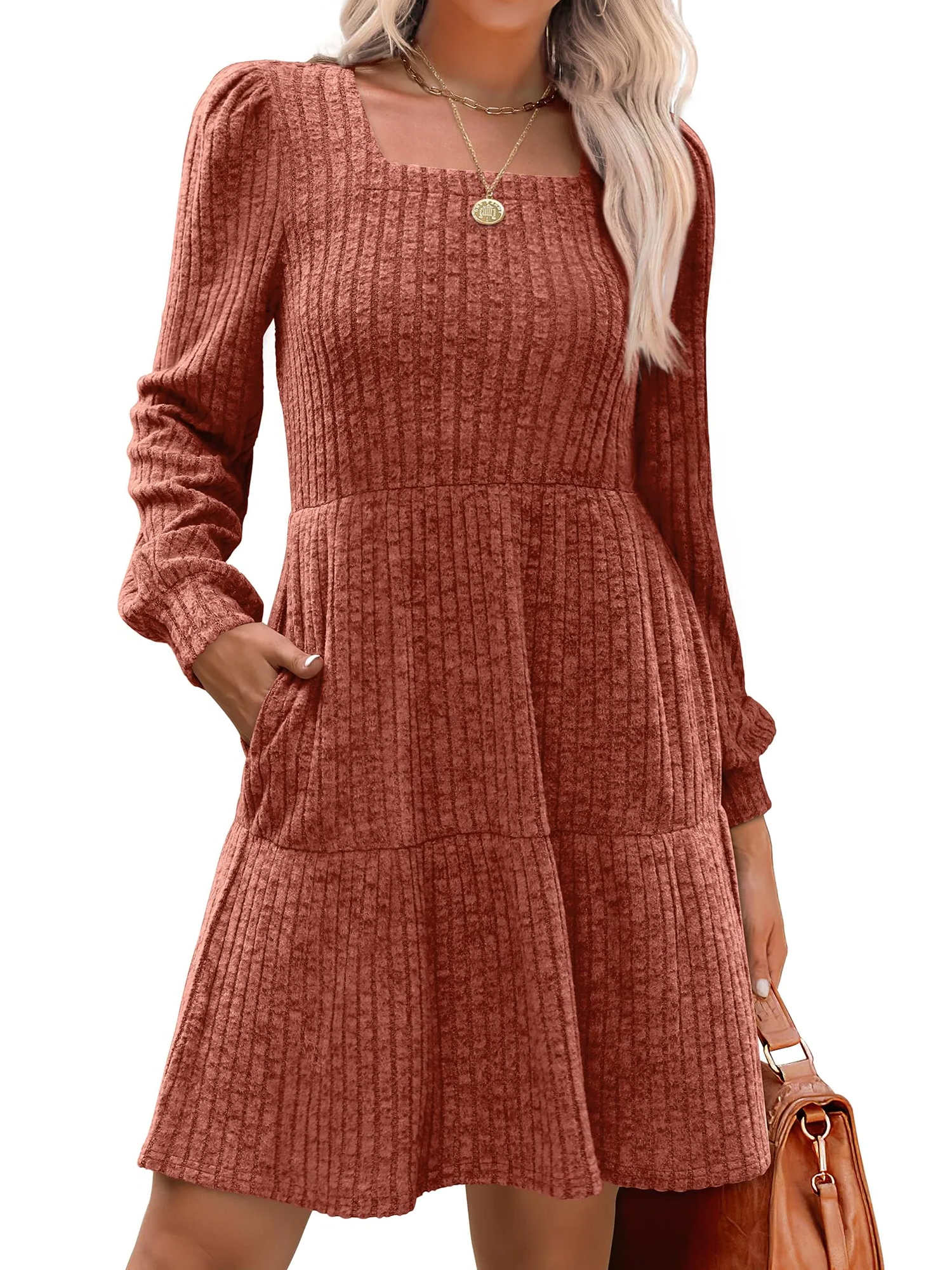 Women's Square Neck Tiered Knit Dress