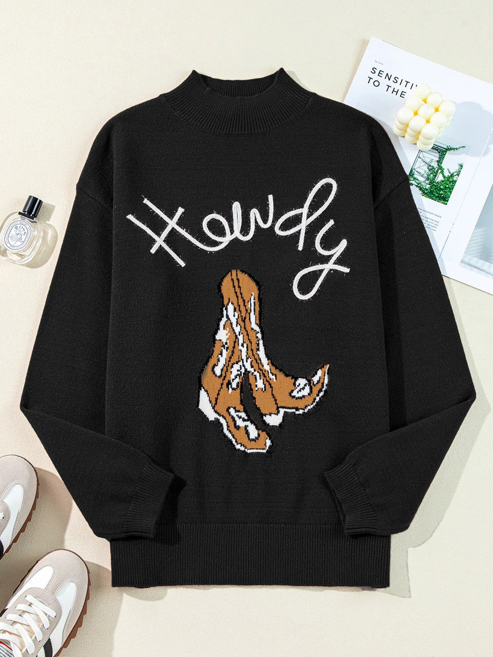 Western Howdy Boot Graphic High Neck Sweater
