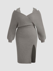 Knitted V-neck Split Lace Curve Dress