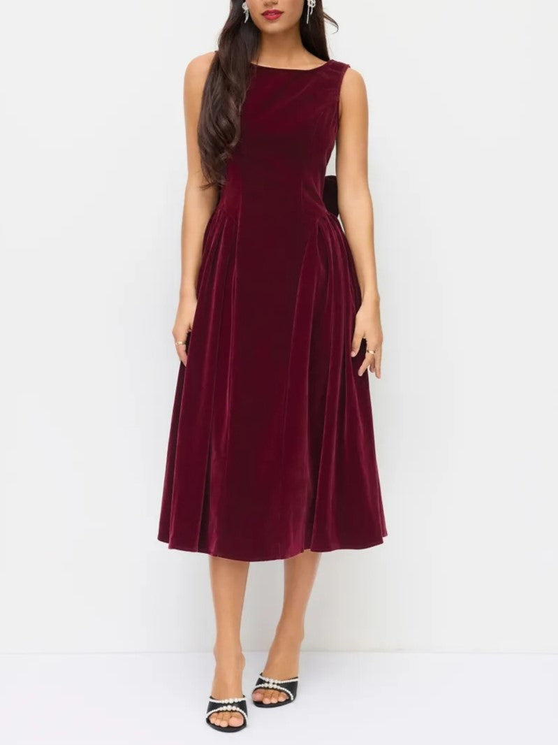 Boat Neck Bowknot Backless Midi Dress