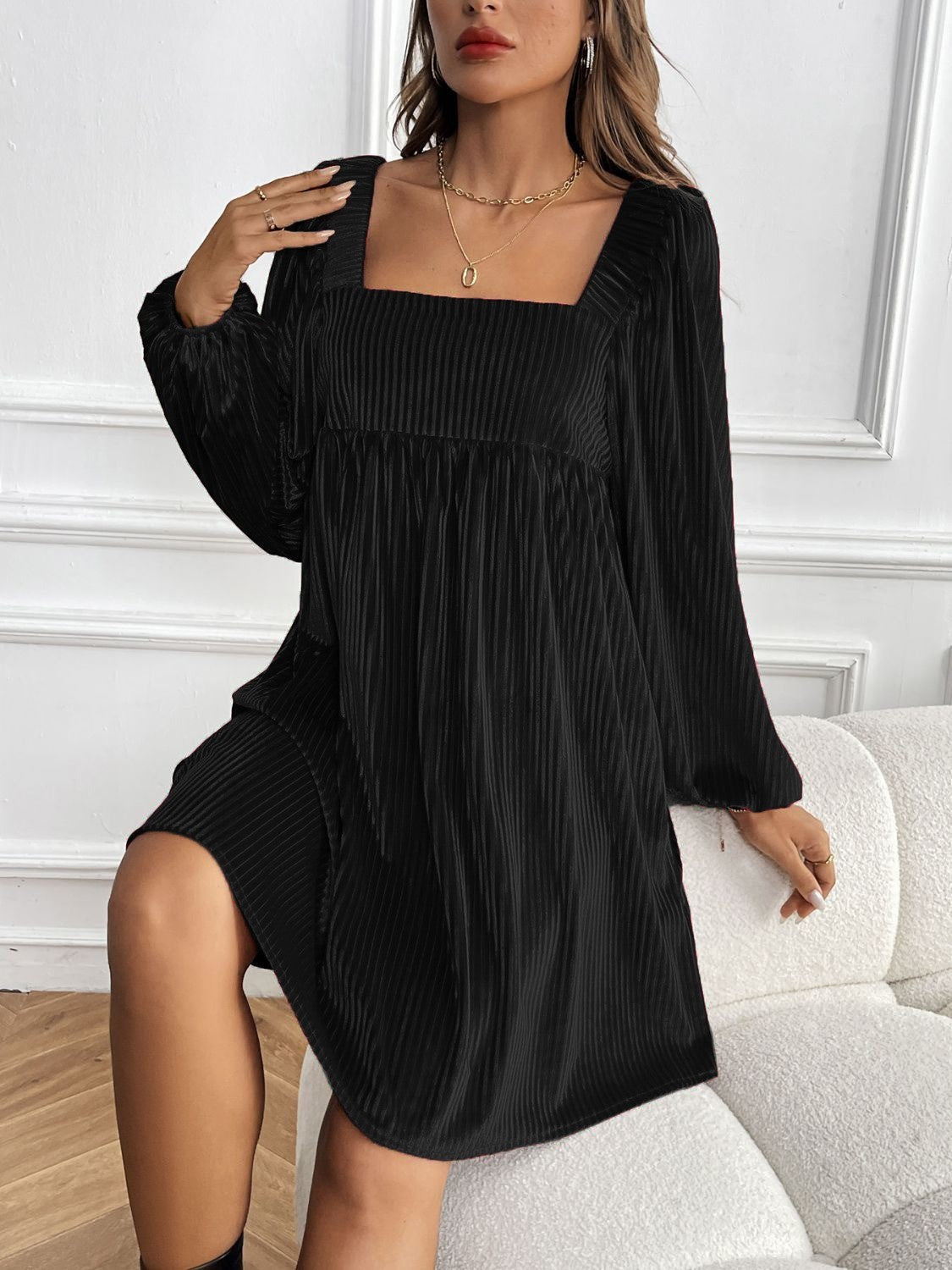 Women's Square Neck Tie Back Ribbed Dress
