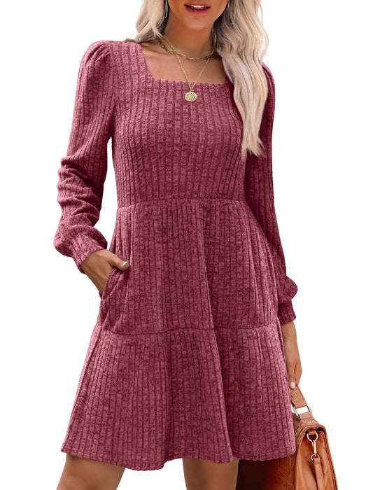 Women's Long Sleeve Square Neck Tiered Knit Dress