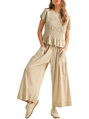 Women's Ruched Ruffle Top & Wide-Leg Pants Two-Piece Set