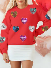 Valentine's Day Sequin Heart Round Neck Long Sleeve Sweatshirt