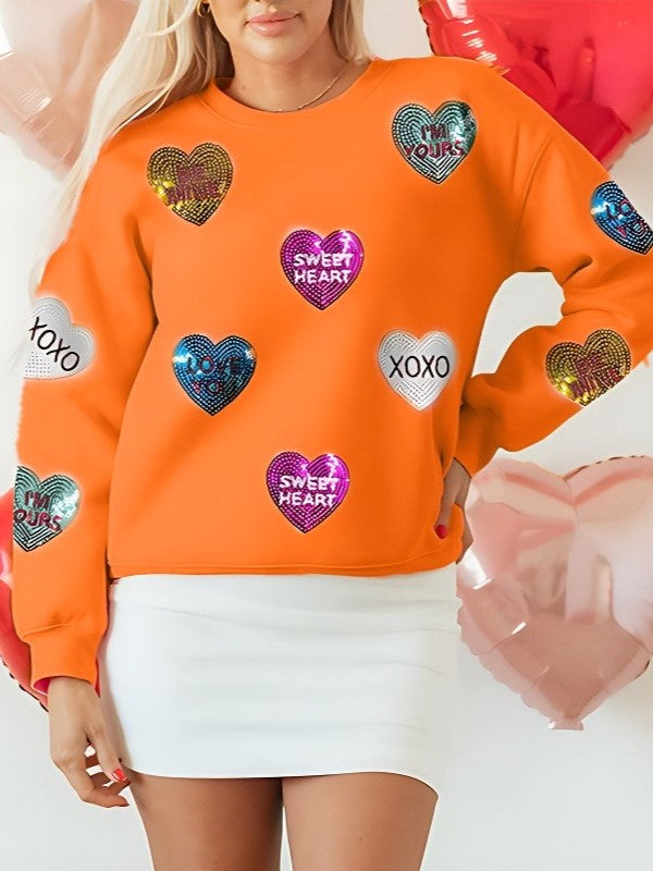 Valentine's Day Sequin Heart Round Neck Long Sleeve Sweatshirt