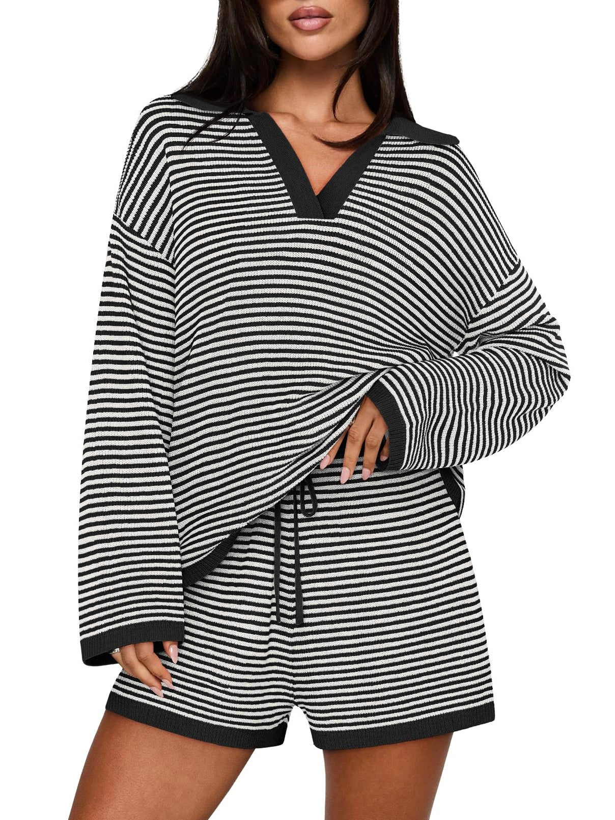 Women's Spring Striped Color-Block Lapel Two-Piece Set