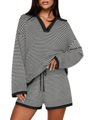 Women's Spring Striped Color-Block Lapel Two-Piece Set