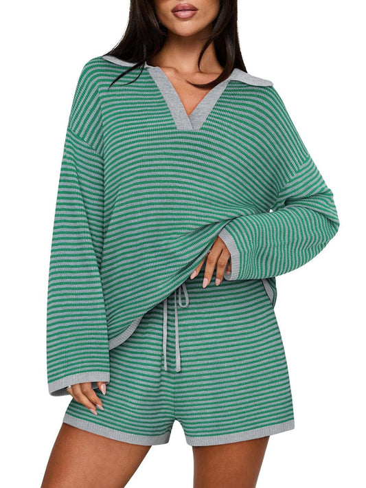 Women's Spring Striped Color-Block Lapel Two-Piece Set