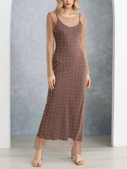 Full Pearl Sheer Mesh Cover-Up Maxi Dress