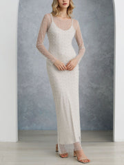 Full Pearl Sheer Mesh Cover-Up Maxi Dress