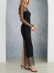 Full Pearl Sheer Mesh Cover-Up Maxi Dress