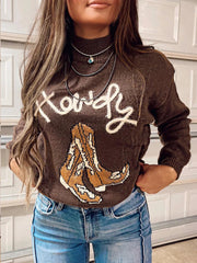 Western Howdy Boot Graphic High Neck Sweater
