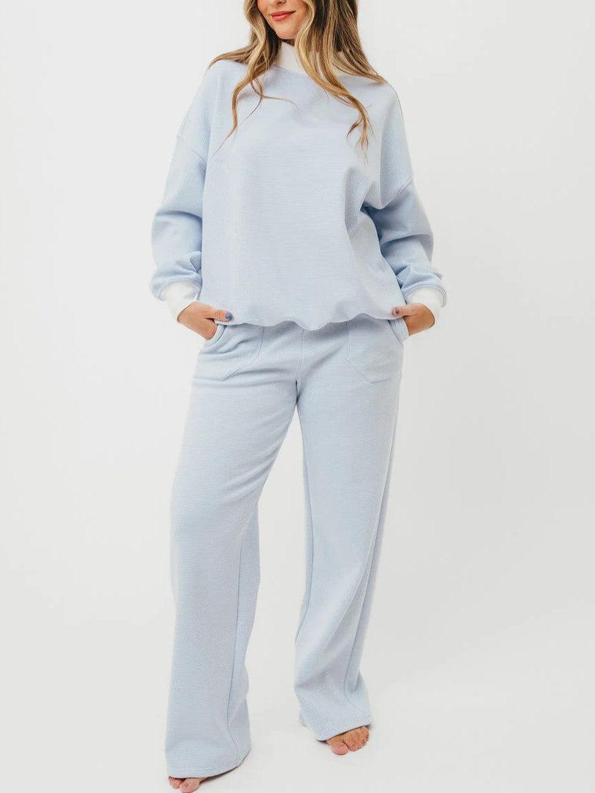 Women's Mini Striped Long Sleeve Turtleneck Top & Wide-leg Pants Casual Suit