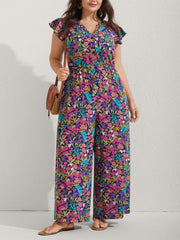 Women's Ruffle Sleeve V-Neck Floral Jumpsuit