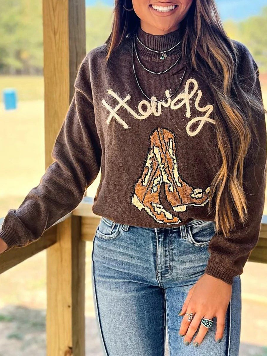 Western Howdy Boot Graphic High Neck Sweater
