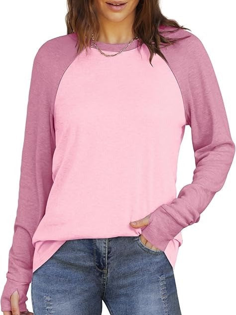 Women's Long Sleeve Tunic Curved Hem Thumb Hole Shirts