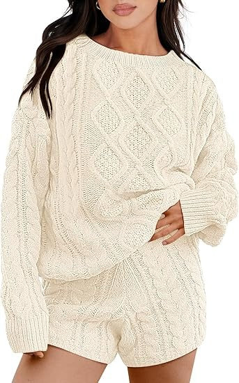 Winter Cable Knit Sweaters Shorts Matching Set