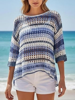 Women's 3/4 Sleeve Hollow Out Color Block Striped Tops