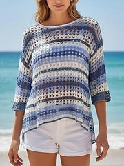 Women's 3/4 Sleeve Hollow Out Color Block Striped Tops