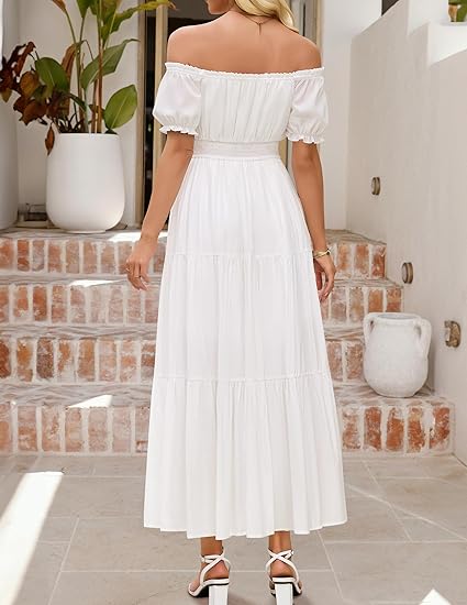 Women's Off Shoulder Side Split Flowy Maxi Dress