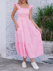 Women's Retro Plaid Smocked Flounce Long Dress