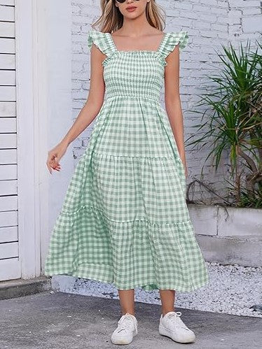 Women's Retro Plaid Smocked Flounce Long Dress