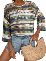 Women's 3/4 Sleeve Hollow Out Color Block Striped Tops