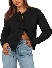 Women's Bow Tied Ribbed Knit Cardigan
