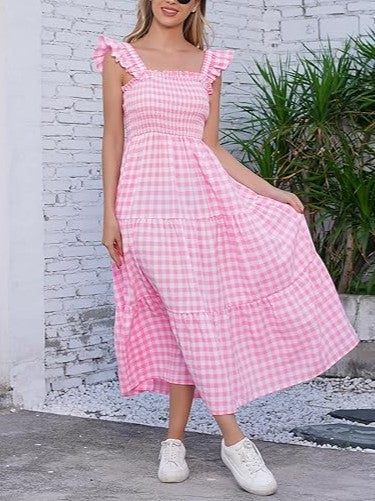 Women's Retro Plaid Smocked Flounce Long Dress