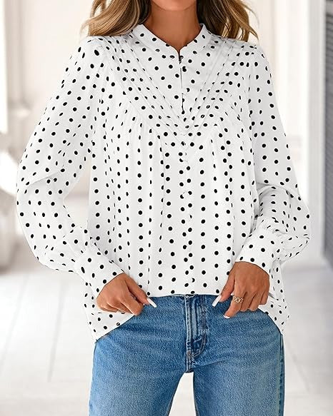 Women's Long Sleeve V Neck Half Button Down Business Blouses