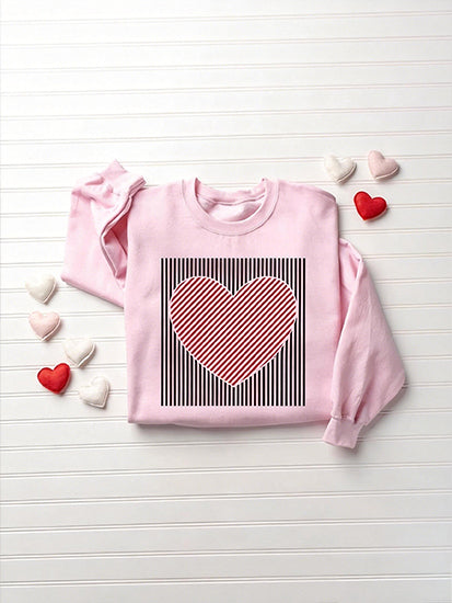 Women's Valentine's Day Striped Heart Print Crewneck Sweatshirt