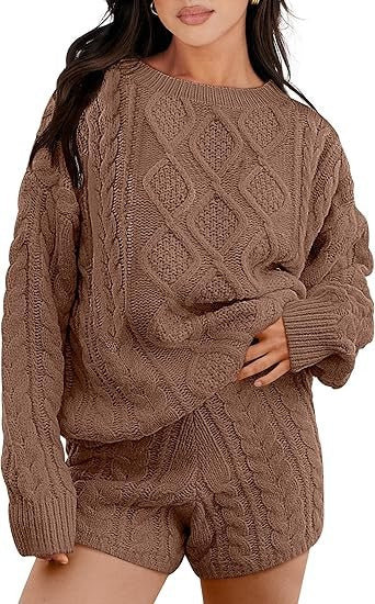 Winter Cable Knit Sweaters Shorts Matching Set