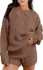 Winter Cable Knit Sweaters Shorts Matching Set
