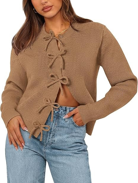 Women's Bow Tied Ribbed Knit Cardigan