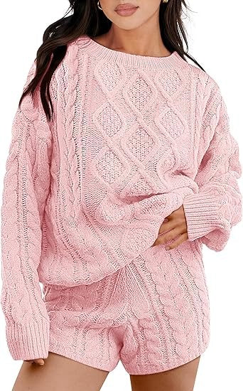 Winter Cable Knit Sweaters Shorts Matching Set