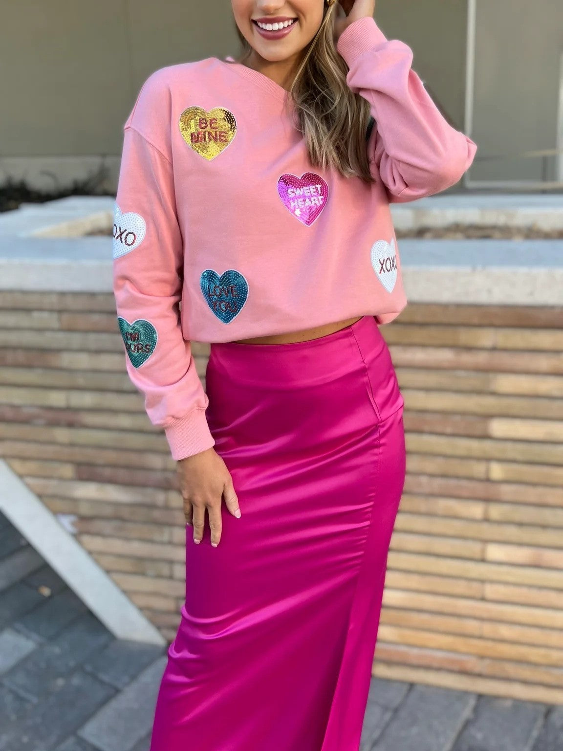 Valentine's Day Sequin Heart Round Neck Long Sleeve Sweatshirt
