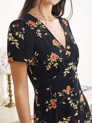 The Black V Neck Floral Short Sleeve Maxi Dress